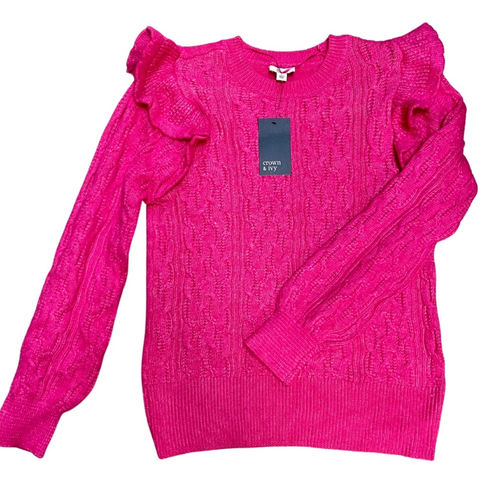 Crown & Ivy Women's Long Sleeve Ruffle Cable Knit Solid Sweater